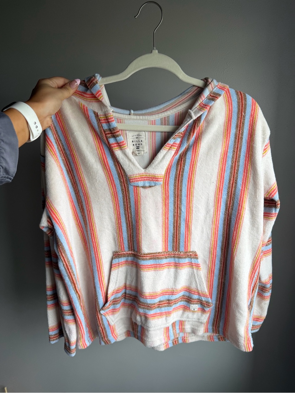 Billabong Cream V-Neck Hooded Sweater with Orange & Blue Stripes